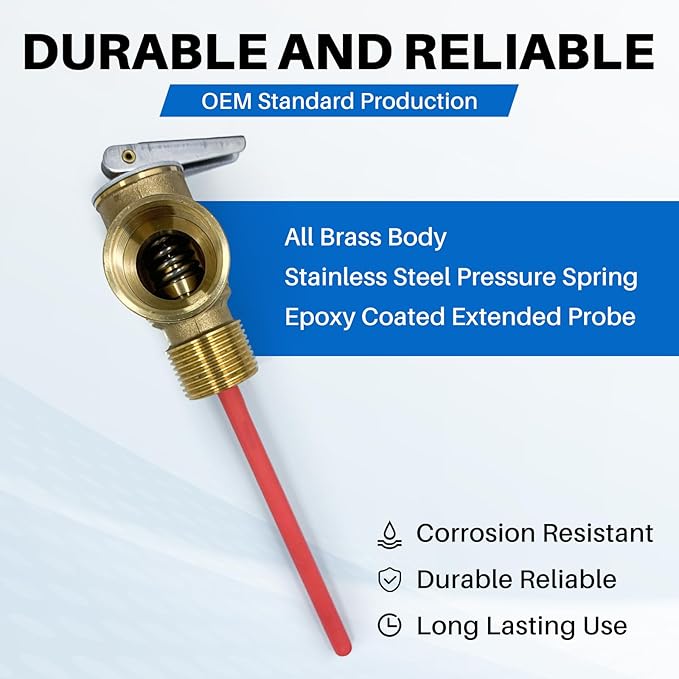 Upgrade 1/2" NPT Thread 210°F 150 PSI Temperature Pressure Relief Valve for Atwood/Dometic RV Water Heaters, Thickened Brass Safety Valve for Hot Water Heaters and Tanks with Extended Probe