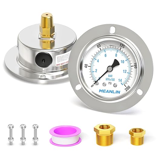 MEANLIN MEASURE 0~200Psi Liquid Filled Pressure Gauge Front Flange Panel Mount, 1/4" NPT 2.5" FACE DIAL Stainless Steel Case with Phillips Screw, Nut and Brass Hex Bushing, +/-3-2-3%