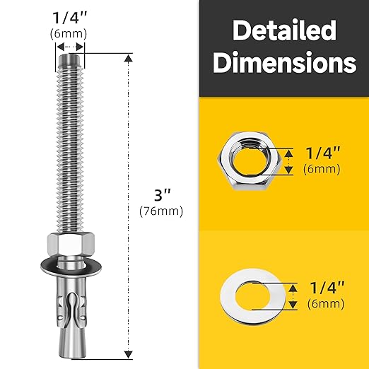 Mywish 1/4 x 3 Inch Wedge Anchors, 10Pcs 304 Stainless Steel Industrial 1/4 Heavy Duty Industrial Masonry Wdege Anchor Bolts for Brick Cement and Concrete, Bright Finish