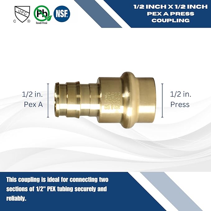 XFITTING 1/2 inch Pex A x 1/2 inch Press Coupling, 202-4-6=10XX, 10 Pieces
