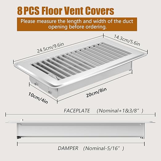 8PCS Floor Vents Floor Registers 4x8 Inch, Heavy Duty Metal Hot Air Vent Covers 4x8 Inch with Rust-Proof Finish for Home Heater Floor Vent Grilles and Vents
