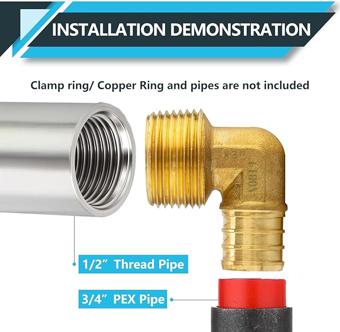 (10-Pack) PEX Fittings, Pex 3/4" x 1/2" Male Threaded NPT Elbow Adapter, Brass Crimp Fittings, for PEX Tubing Pipe Plumbing, ASTM F1807(PEX1807101)