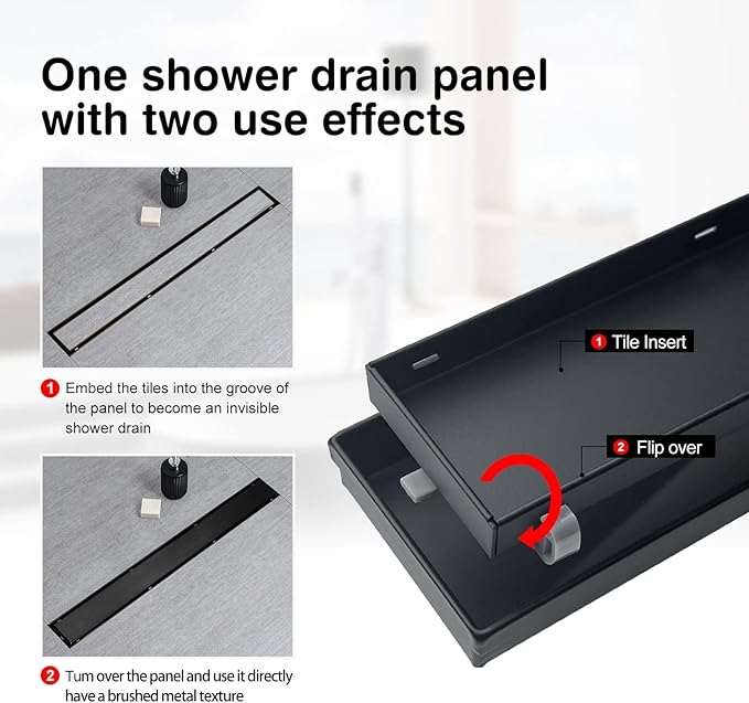 SaniteModar Linear Shower Drain, Black Shower Drain 54 inch with Flat & Tile Insert 2 in 1 Panel, 304 Stainless Steel Black Linear Drain with Hair Strainer, Leveling feet