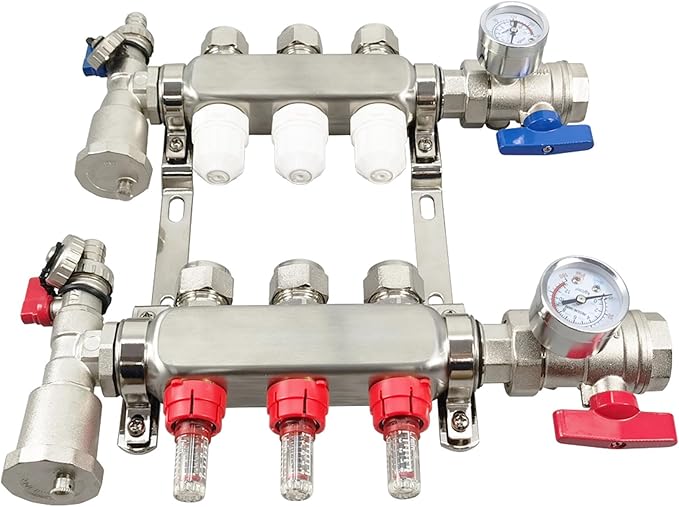 3 Branch PEX Radiant Floor Heating Manifold Set, Floor Heating Water Distributor 1/2" Pipe Adapter 304 Stainless Steel and Brass, for Heating Systems