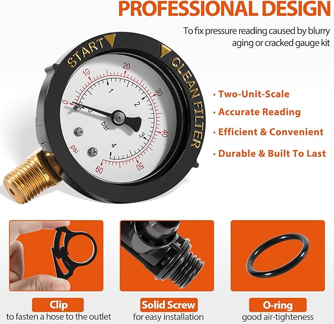 98209800 High Flow Manual Relief Valve/Air Relief Manual Valve Assembly with Pressure Gauge, Replacement for Pool and Spa Filter (98209800+87300400)