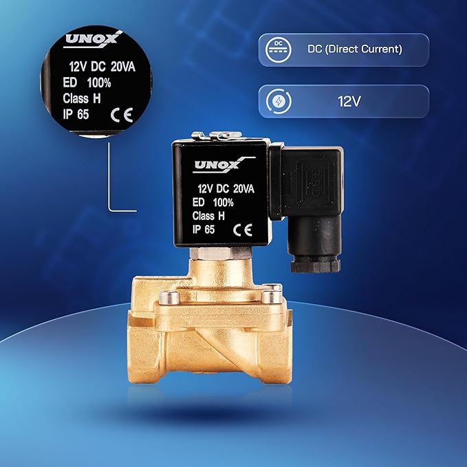 UNOX 1/2" NPT Solenoid Valve 12V DC, Brass Control Valve Normally Closed - 7-232 PSI Multi-Purpose Reliable Control Valve for Water, Air, and Gas - Solenoid Valves