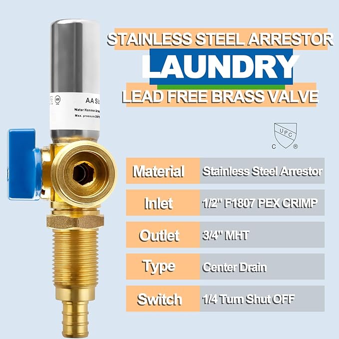 Washing Machine OutLet Box With Stainless Steel Water Hammer Arrestor,1/2 Inch Pex Crimp Inlet x 3/4 Inch MHT Outlet, F1807 Center Drain Laudry Box
