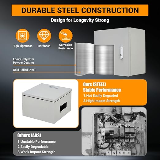 Outdoor Electrical Box, 12"x12"x8" NEMA 4X Steel Enclosure, IP67 Waterproof & Dustproof, Lockable Electrical Junction Box with Mounting Plate and 2 Keys, Indoor and Outdoor Use