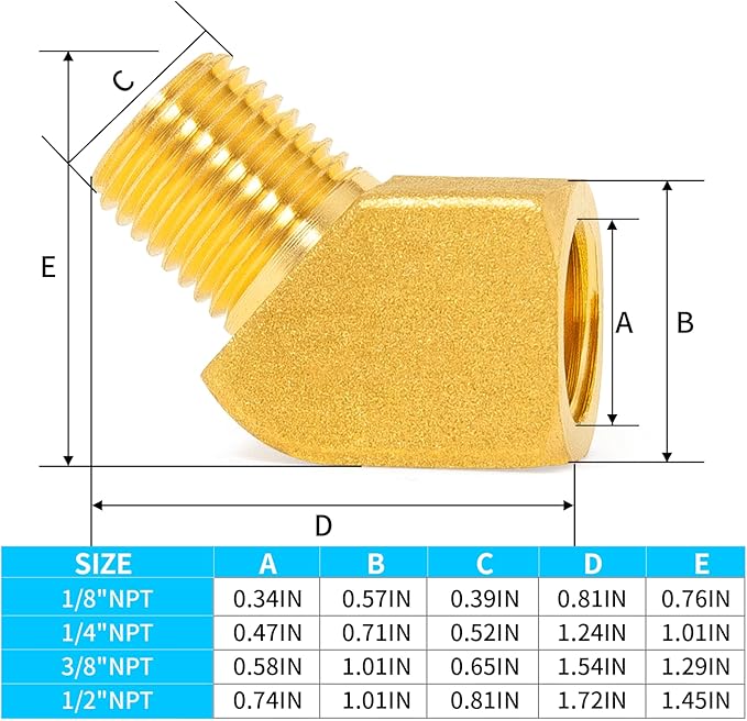 ChillWaves Brass Pipe Fitting, 45 Degree Barstock Street Elbow 1/8" NPT Female x 1/8" NPT Male Thread Adapter(2-PACK)