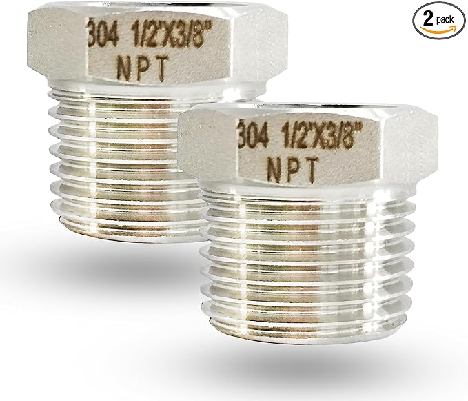 1/2" NPT Male to 3/8" NPT Female Hex Bushing Reducer, 304 Stainless Steel NPT Reducing Adapter Pipe Fitting, Heavy Duty Pipe Hex Bushing for Reducing Pipe (1/2” MNPT x 3/8” FNPT)