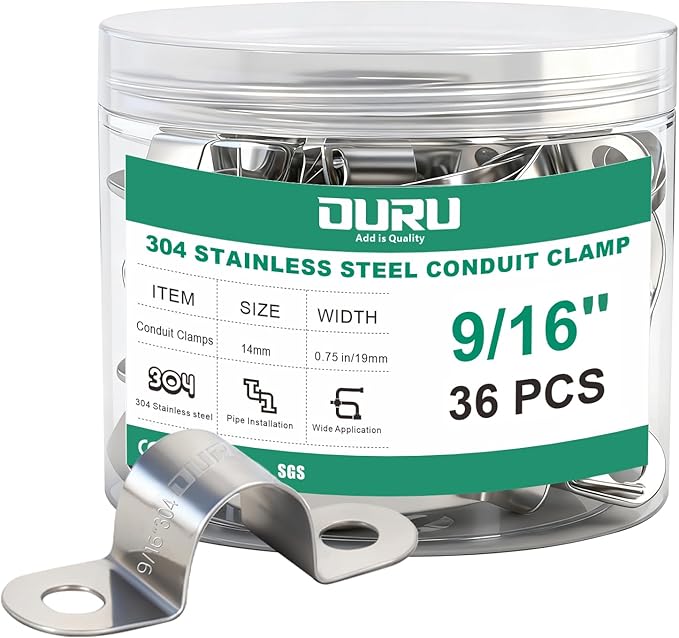 36pcs 9/16 Inch Conduit Clamp 304 Stainless Steel, Rigid Metal Pipe Clamp U Bracket, 2 Holes Pipe Strap for Automotive, Wire & Tube