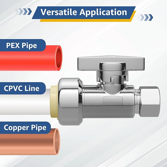 Push-Fit Straight Stop Valve 10-Pack, 1/2" Push x 3/8" OD Compression, 1/4 Turn Water Shut Off, Chrome Finish,Solid Brass,for Bathroom Sink PEX Pipe,Copper,CPVC