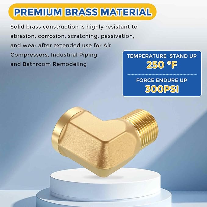 2 Pack Brass Pipe Fittings, 90 Degree 3/8" NPT FeMale to 3/8" NPT Male Barstock Street Elbow, Forged Pipe Fitting Connector for Air, Oil, LP