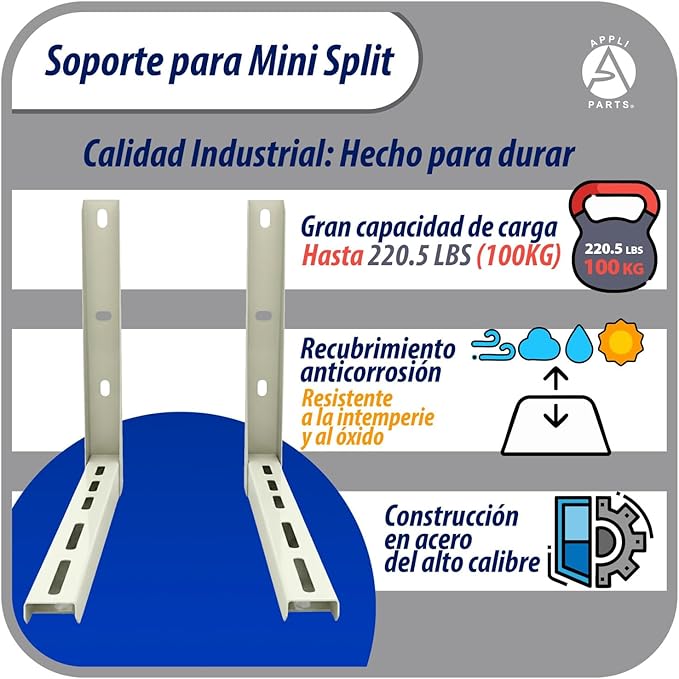 Appli Parts Soporte para montaje en pared de Unidad Condensadora Externa de Mini Split hasta 100kg modelo APAB-2100 incluye kit de fijacion, pernos y gomas