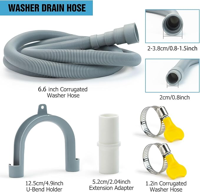 6.6 Feet Universal Washing Machine Drain Hose Flexible Dishwasher Drain Hose Extension Kits Corrugated Washer Hose w/ 1 Adapter 2 Hose Clamps 1 U-Bend Hose Holder