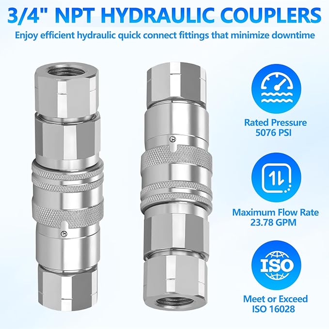 3/4’’ NPT Flat Face Hydraulic Quick Connect Couplers/Couplings with Dust Caps, The Universal Bobcat Flat Face Quick Connect Fittings with with 1/2" Body ISO 16028 Standard-2Set