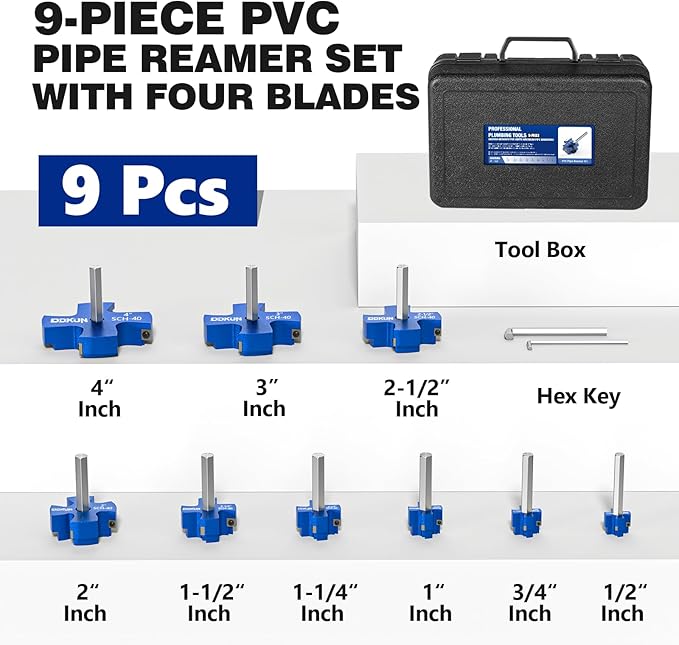 9Pcs PVC Pipe Reamer Kit, PVC Fitting Saver for SCH40, Includes 1/2, 3/4, 1, 1-1/4, 1-1/2, 2, 2-1/2, 3, 4,Plumbing Pipe Fitting Tools with 4 Blades-Compatible with 1/2" Drills
