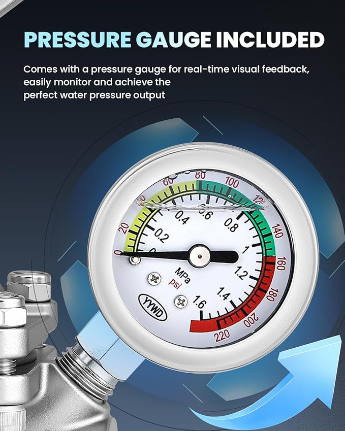 Water Pressure Reducing Valve 3/4 NPT Female Union, Stainless Steel, Pressure Gauge, Handwheel Adjustment