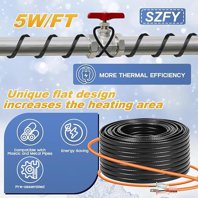 3FT~200FT Heat Tape for Water Pipes, -40°F Deicing Cable,Pipe Heat Cables for Roof,Gutter，Farm，Freeze Protetion Heating Wires, Heated Water Hose,Plumbing Fixtures,120V 5W/FT (15FT)