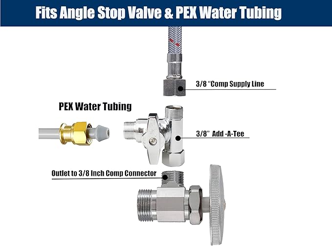 WHK Angle Stop Add-A-Tee Valve 3/8x3/8x3/8 or 1/2" Compression Tee Fittings Water Line Splitter 3 Way T Valve for Toilet Bidet,Sink Dishwasher(Lead-Free Brass)