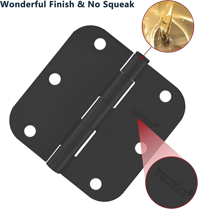15 Pack Matte Black Door Hinges 3.5 Inch, 5/8" Radius Rounded, Standard Residential for Doors 3 ½",Sturdy Hinges, Interior Hinges
