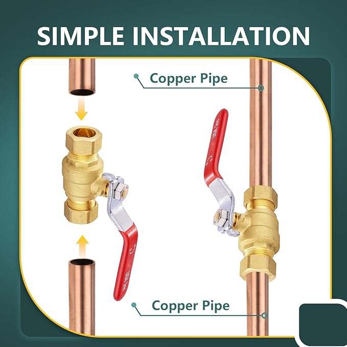 1/2" Ball Valve, 10 Pack Compression Shut Off Valves Red, Quarter Turn Brass Full Port Shut Off Ball Valve for Hot and Cold Water, NSF/ANSI 61 Certified