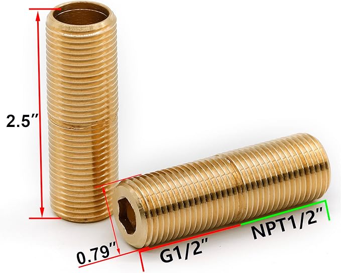 (2 pcs) Brass Pipe Adapter Plumbing, G Thread 1/2" Male to NPT Thread 1/2" Male Pipe Fitting Adapter, Seamless and Leakproof (2.5" Length)
