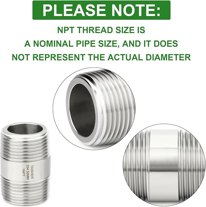 TAISHER 2PCS Stainless Steel Pipe Fittings, 1" NPT Male x 1" NPT Male Threaded, 2" Length Thickened Nipple Cast Pipe