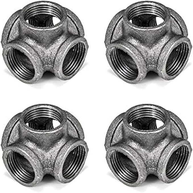 1" 5-Way Side Outlet Tee, Home TZH 4-Pack 5-Way Corner Gray Malleable Cast Iron Pipe Fitting for Industrial Pipe, Furniture and DIY Decoration (4, 1")