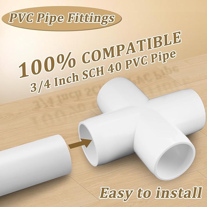 12-Pack 3/4" PVC Fittings Cross, Furniture Grade 3/4 Inch PVC Pipe Fittings 4 Way, UV Resistant, Fits SCH40 Pipe DIY Garden Shelves, Greenhouse, Shelf