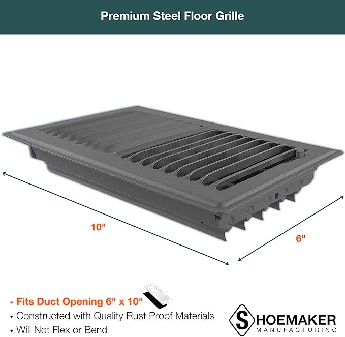 Shoemaker 6x10 Floor Register – Storm Gray Heavy Duty Metal Floor Vent Cover for Home Floors - Premium Forced Air Vent Covers