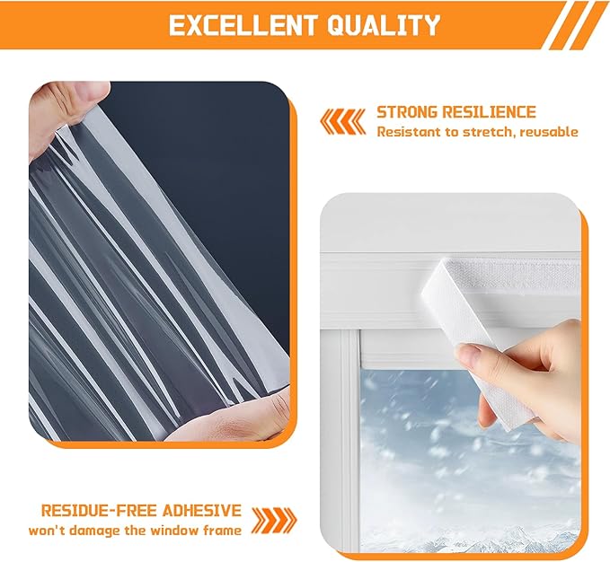 Adjustable Window Insulation Kit 63x87in Reusable Window Plastic for Winterizing Cuttable Transparent Film with Adhesive Straps Thicken Thermal Waterproof Insulation Cover Warm Winter