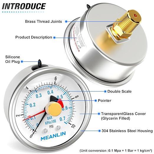 MEANLIN MEASURE 0~10Psi Stainless Steel 1/4" NPT 2.5" FACE DIAL with Reset Pointer Liquid Filled Pressure Gauge WOG Water Oil Air, Back Mount, with Brass Hex Bushing