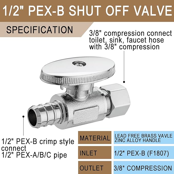 [10 Pieces] Lingmfg Straight Angle Valve Shut Off Valve 1/2" PEX-B Crimp x 3/8" Compression LING-AV38-1/2F1807-S-10