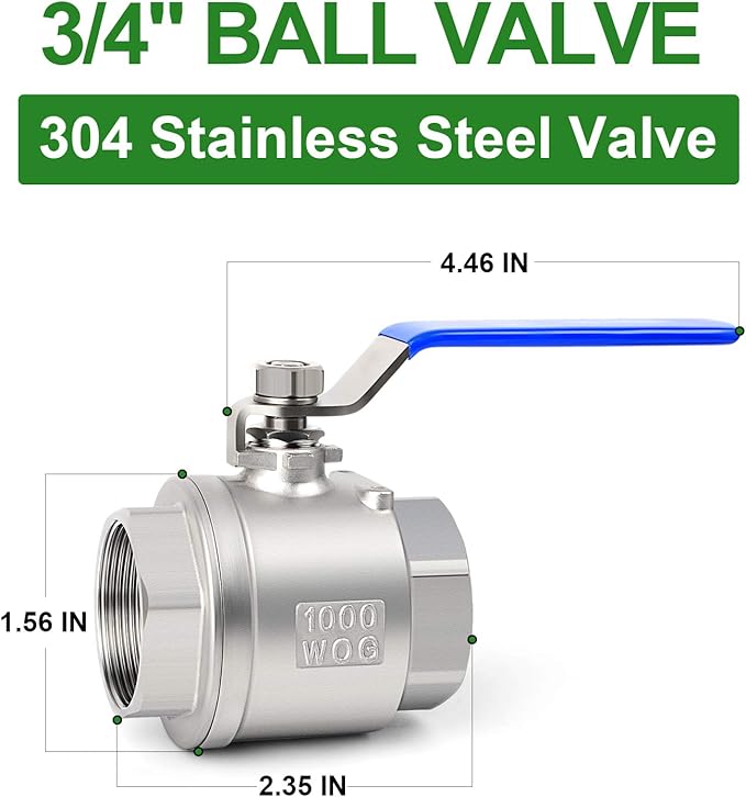 TAISHER 1 PCS 3/4 Inch FNPT Heavy Duty Full Porat Ball Valve 304 Stainless Steel with Blue Handles