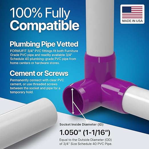 FORMUFIT 3/4” 3-Way Elbow Furniture Grade PVC Fitting in Purple, Made in USA, UV-Resistant, Impact-Proof, 1.050” Actual Socket Diameter (Pack of 8)