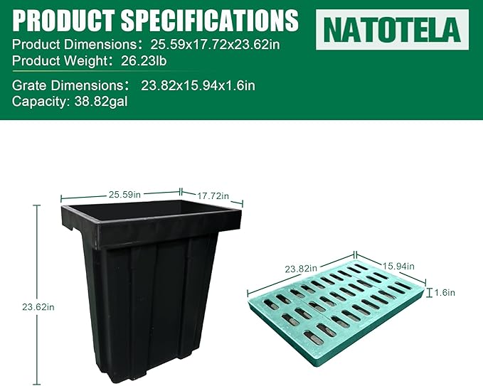 Catch Basin for Drainage with Fiber Glass Grate-26x18x24 in. Large Drainage Basin with Debris Basket,A15 French Drain Basin Without Reserved Hole for Yard,Downspout,Lawn,Municipal Pipeline