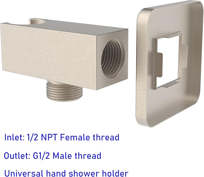 Aquaiaw Wall Supply Elbow with Flange, Tapered 1/2 NPT Female Inlet, Solid Brass Wall Union with Handshower Holder, Square Wall Supply Elbow with Hand Shower bracket, PVD Brushed Nickel, G1/2 Outlet
