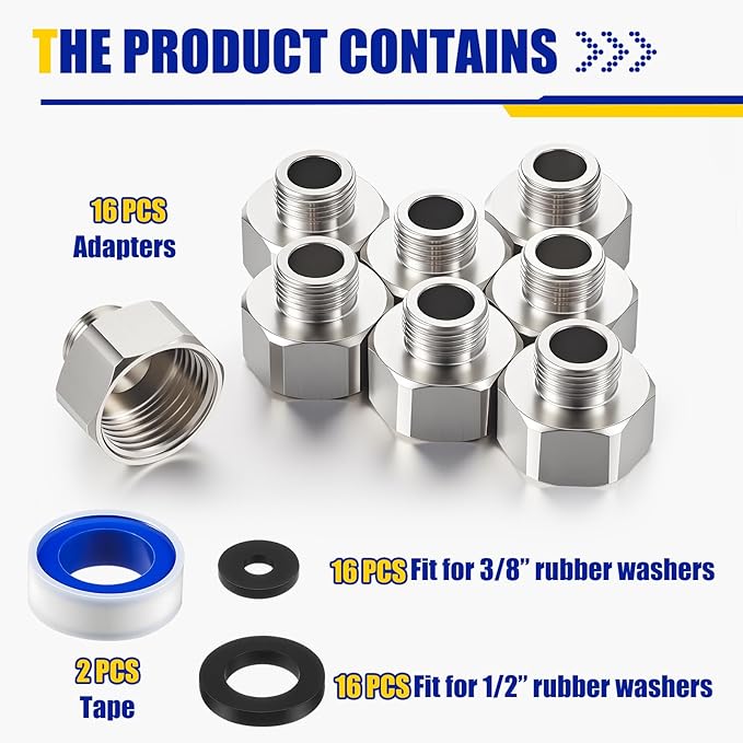 Shimeyao 16 Pcs Brass Water Line Adapter Pipe Fittings in 1/2" Female to 3/8" Male Reducer Adapter Compression Fitting for Bathroom Faucet Supply Hose Pipe Connector with Rubber Washer