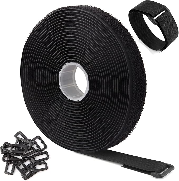 16Ft x 0.8In Adjustable Cable Straps with Buckles, Free Cut Length, Black Reusable Fastening Cable Ties, Hook and Loop Securing Strap for Cable Tidy, Wire Management, Cord Organiser
