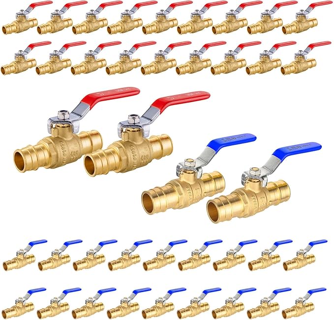 40-Pack Foskan 1" Brass PEX-A Full Port Ball Valve, Quarter Turn Shut-off Valve for PEX-A Tubing(Blue and Red)