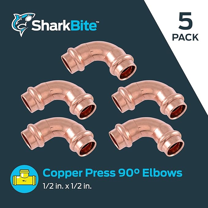 SharkBite 1/2 x 1/2 Inch 90 Degree Elbow, Copper Press Plumbing Fitting, Pack of 5, UPR248X5