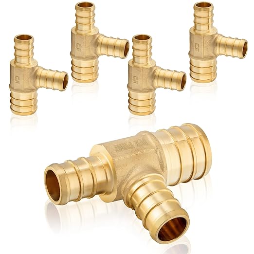 5-Pack HeSun PEX Fittings, 1"x3/4"x3/4" Pex Tee, Brass Crimp Fitting for ASTM F1807(PEX1807088)