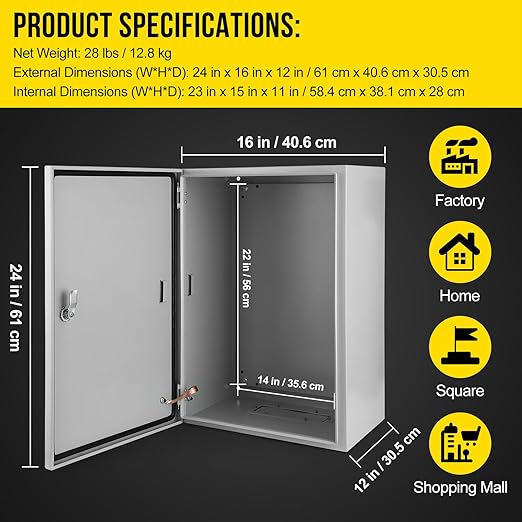 Outdoor Electrical Box,24x16x12 Steel Junction Box, NEMA 4X Electrical Enclosure Box IP66 Waterproof & Dustproof, Universal Electrical Project Box with Lock & Mounting Plate