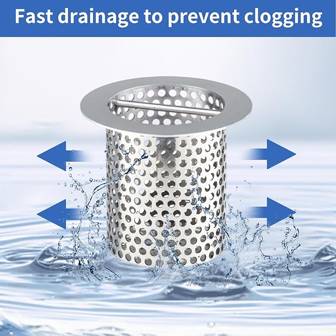 Commercial Floor Drain Strainer, 4 1/2" Lip Diameter x 4" Tall 316 Perforated Cylindrical Mesh Stainless Steel Drain Strainer with Carry Handle for Restaurant/Factory/Kitchen/Laboratory