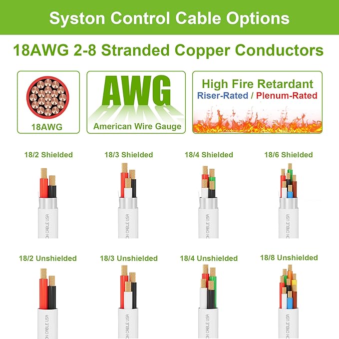 Syston 18/8 Low Voltage Security Sound Alarm Cable 20 ft 18 AWG 8 Conductors Stranded Copper Riser-Rated CMR/CL3R Unshielded 100% Copper Stranded,UV Resistant RoHS for Indoor/Outdoor Use