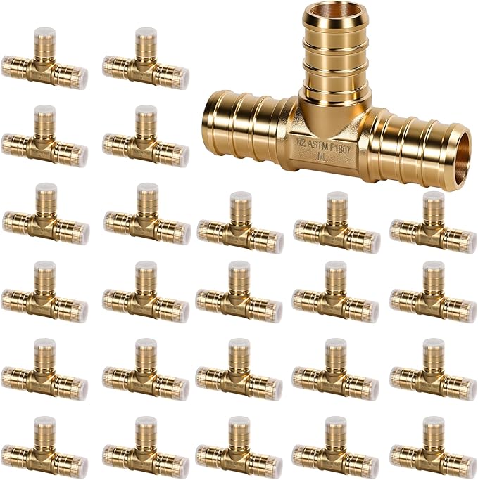 PEX Fittings 1/2 Inch, 24PCS Tee Lead-Free Brass Connectors for PEX B Pipe, NSF UPC Certified, ASTM F1807, Compatible with Crimp/Clamp Rings (Hot/Cold Water, Hydronic Heating)