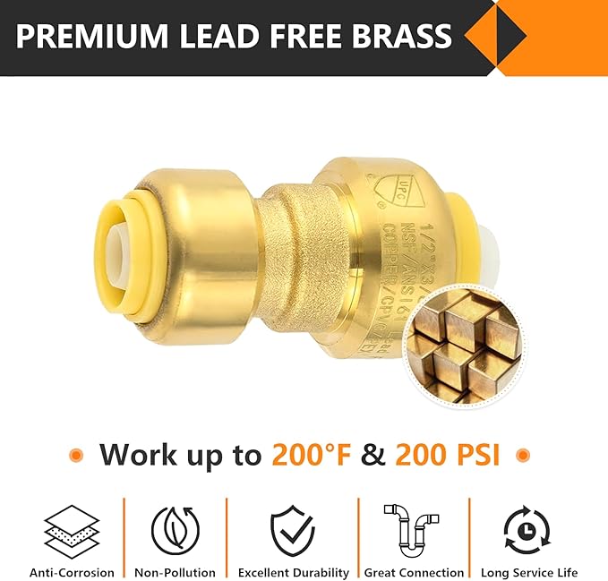 2-Pack HeSun Pushfit Coupling, 1/2"x3/8" Push to Connect Plumbing Fittings with Disconnect Clip, Brass Push-fit Fittings for PEX, Copper, CPVC, PE-RT Pipes(PF156-2)