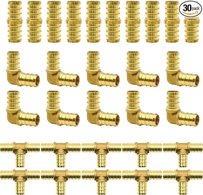 30pcs 1/2" PEX Fittings, Elbow TEE Straight Couplings Set, PEX Brass Crimp Fitting Combo with Tees, Elbows, Straights