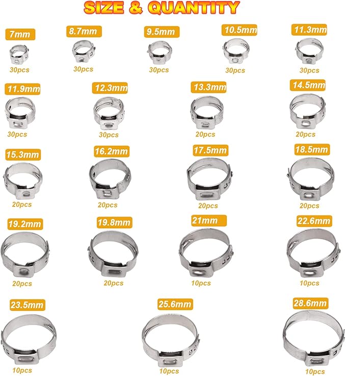 AKIHISA 420Pcs 20 sizes Single Ear Hose Clamps, 7-28.6mm 304 Stainless Steel Pex Crimp Rings Kit, Crimp Hose Clamp Assortment Set for Securing Pipe Hoses and Automotive Use